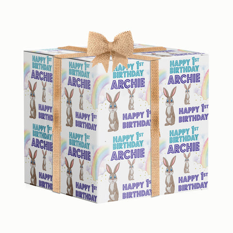 Baby's First Birthday Personalised Blue Rabbits Wrapping Paper
