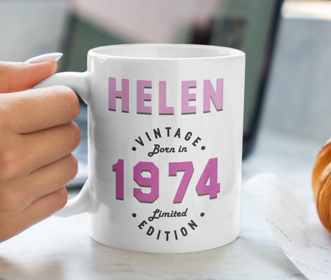 Name & Year Vintage Style Personalised Mug Pink - Gloss Finish