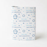 The image is a white paper with blue text and heart shapes, featuring the names 'Dave & Janice' and the phrase 'Sapphire Wedding Anniversary' repeated multiple times.