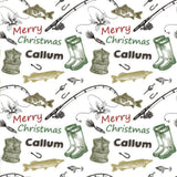 a repeating pattern of Christmas-themed illustrations, including fish, fishing gear, and other seasonal elements. The text "Merry Christmas Callum" is written in various colors and styles throughout the pattern, creating a festive and seasonal atmosphere.