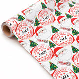 a roll of wrapping paper with a repeating pattern of Santa Claus and Christmas trees.