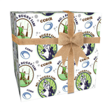 The image is a gift box with a rugby theme, featuring a brown bow and various rugby-related graphics and text.