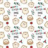 a repeating pattern of cartoon hedgehog faces, along with festive Christmas-themed elements such as berries, holly leaves, and the text "Merry Christmas" and " Jess" written in various colors.