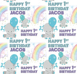 a repeating pattern of a first birthday celebration for a baby named Jacob. The pattern features gray elephants holding blue balloons and the text "Happy 1st Birthday Jacob" written in various colors.