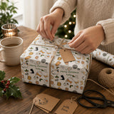 A person is wrapping a gift box with a cat-themed wrapping paper, surrounded by holiday decorations and a cup of coffee on a wooden table.