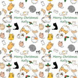 a repeating pattern of various cartoon-style cats in different colors and poses, along with the text "Merry Christmas Kelly" written in green.