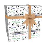 A gift box with a soccer ball pattern and a brown bow.