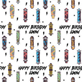 a repeating pattern of colorful skateboards and the text "Happy Birthday Ewan" against a white background.