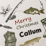 various illustrations related to fishing and hunting, including a fishing rod, a fish, and hunting equipment. The text "Merry Christmas Callum" is displayed prominently in the center of the image.