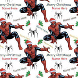a repeating pattern of Spider-Man characters wearing Santa hats, with the text "Merry Christmas" and "Name Here" displayed around them.