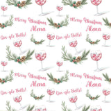 a repeating pattern of Christmas-themed elements, including wine glasses, pine branches, and holiday greetings.