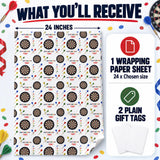 a 24-inch paper sheet with a repeating pattern of dartboards and the word "TONY" on it. The sheet is accompanied by a 1-wrapping paper sheet and two plain gift tags, all set against a background of confetti and a dartboard.