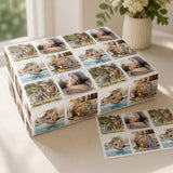 A gift box with a collage of photos depicting various family moments, including children playing in the water, adults enjoying the day, and people relaxing together.