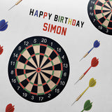 a birthday card with a dartboard and colorful arrows, along with the text "Happy Birthday Simon".