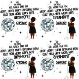 four illustrations of a woman holding a microphone and standing in front of a disco ball, with the text "Go on now, walk out the door, don't turn around now, you don't work here anymore!" The woman appears to be singing or speaking.