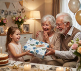 A young girl is handing a gift to an older couple, who are both smiling and laughing, in a warm and joyful atmosphere.