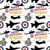 a repeating pattern of silhouettes of military aircraft, along with the text "Happy Birthday Robert" and a crown emblem.