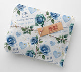 The image is a gift box wrapped in blue and white paper with a floral pattern, featuring the text "60th Diamond Wedding Anniversary Mum & Dad" and "Not off the press".