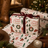 a festive Christmas scene with a wrapped gift, a pair of cowboy boots, and a Christmas tree in the background.