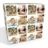 A gift box containing a collage of photos depicting various moments and expressions of a family, with the text "Happy Father's Day" and "To My Daddy Oliver" written on the box.