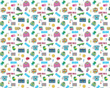 a repeating pattern of various 90s-themed objects and accessories, including a skateboard, telephone, Rubik's cube, and more.