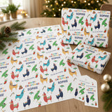 a festive scene with Christmas-themed wrapping paper and presents adorned with colorful llama illustrations. The wrapping paper is decorated with the names "Sophie" and "Llama" printed on it, along with the phrase "Happy Christmas Sophie" written on the presents. The background of the image is adorned with twinkling Christmas lights, creating a warm and cheerful atmosphere.