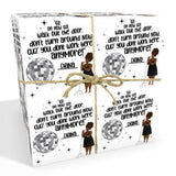 The image is a collage of four images featuring a woman holding a microphone and a disco ball. The collage includes text that reads "Go on now go, walk out the door, don't turn around now, don't turn around here, you don't work here anymore!" The woman is wearing a black dress and holding a microphone, suggesting she is a performer or singer. The disco ball adds a festive and energetic vibe to the collage.