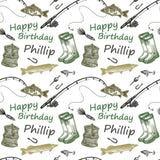 a repeating pattern of various fishing-related items, including fish, fishing rods, boots, and other equipment, along with the text "Happy Birthday Phillip" written in different styles and colors.