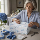An older woman is wrapping a gift box with blue and white paper, surrounded by a vase of blue hydrangeas, champagne glasses, and a blue ribbon.