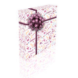 A gift box with a bow, featuring a pattern of pink and white colors and various decorative elements such as hearts and flowers.