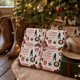 a festive Christmas scene with a decorated tree, wrapped gifts, and a pair of cowboy boots.