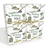 A gift box with a fishing theme, featuring a pattern of fish, fishing rods, and other related items. The text on the gift box reads "Happy Birthday Neil" and "Happy Birthday Neil", indicating it is a birthday gift for Neil.