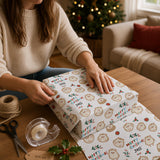 A woman is wrapping a Christmas gift with a patterned wrapping paper featuring cartoon hedgehog characters.