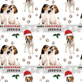 The image is a repeating pattern of Christmas-themed images featuring two beagle dogs wearing Santa hats and the name " Jessica" written across the images.