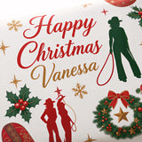 various Christmas-themed elements, including a silhouette of a person, a wreath, holly leaves, snowflakes, and stars. The text "Happy Christmas Vanessa" is prominently displayed, along with a silhouette of a person holding a lasso.