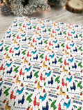 a repeating pattern of colorful llama illustrations on a white background.