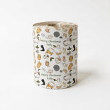 A cylindrical object with a repeating pattern of cats and Christmas-themed elements, including holly leaves and mistletoe.