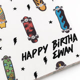 a collection of colorful skateboards with various designs, including a yellow skateboard, a red skateboard, and a blue skateboard, all set against a white background with black lightning bolts and stars.