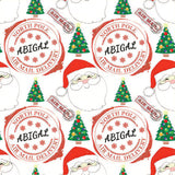 a repeating pattern of Santa Claus and Christmas trees, along with various Christmas-themed labels and stamps.