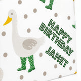 A white background with a pattern of green polka dots and a cartoon duck.