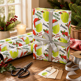 A festive Christmas scene with wrapped gifts, holiday decorations, and a potted plant. The wrapped gifts are decorated with a Christmas-themed wrapping paper featuring a tennis racket and holly leaves.