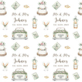 a repeating pattern of wedding-related items, including a cake, wine bottle, wedding rings, and a car. The text "Mr & Mrs Johnes" is written above each item, and the dates "Est. 12.05.2023" are below each item.