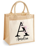 Personalised Floral Initial & Name Jute Bag with linen front pocket