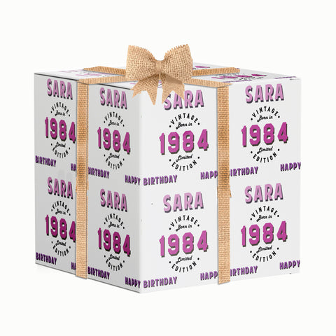 Vintage Pink Name and Year Personalised Birthday Wrapping Paper