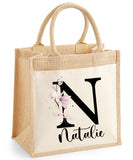 Personalised Floral Initial & Name Jute Bag with linen front pocket