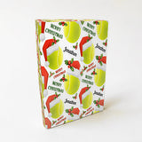 A square-shaped gift box with a Christmas-themed design, featuring tennis balls, Santa hats, and holly leaves.