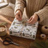A person is wrapping a gift box with a Christmas-themed wrapping paper that has fishing illustrations and the word "Callum" printed on it.