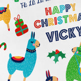 a variety of colorful and whimsical Christmas-themed illustrations, including a blue llama, a green llama, and other festive elements such as a gift, holly, and a Santa hat.