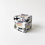 A white gift box with a pattern of airplanes and the text "Happy Birthday Robert" printed on it.