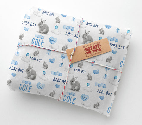 New Baby Bunny Rabbit Boy Personalised Wrapping Paper - Blue (Recyclable)
